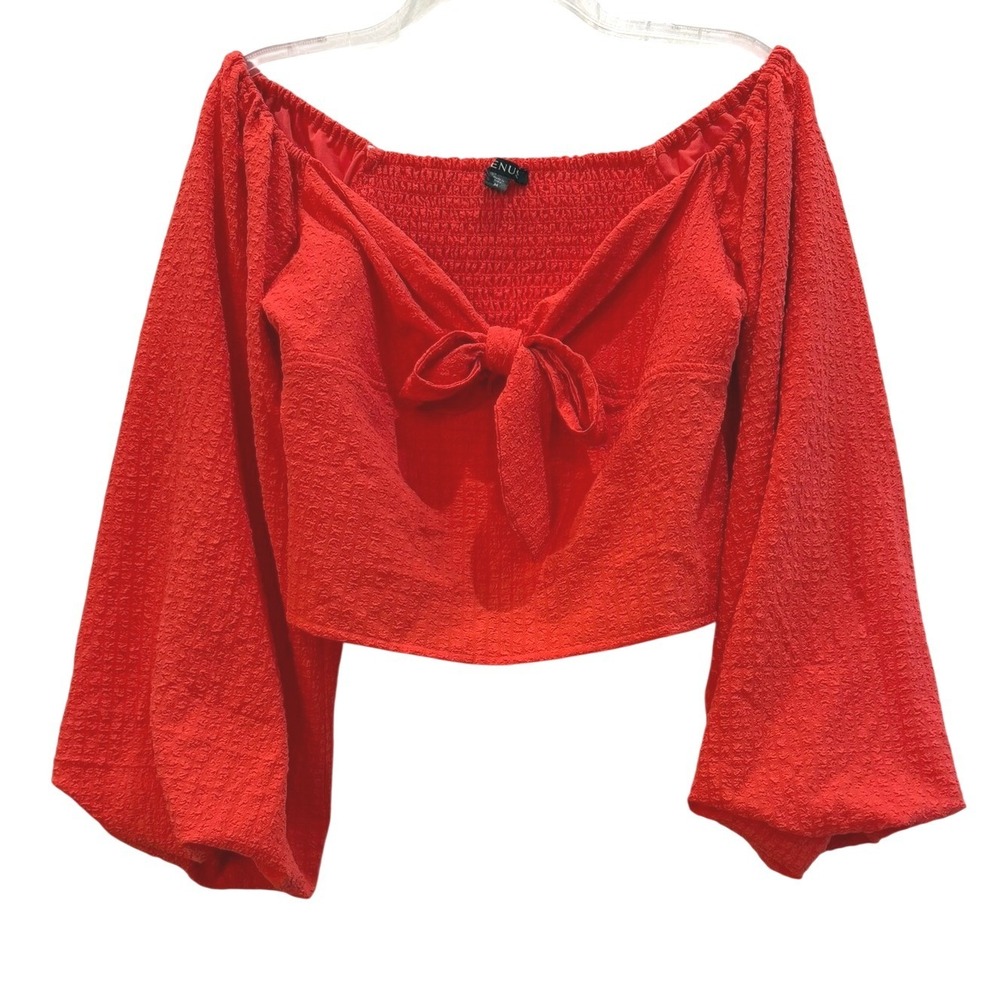 Venus Women's Coral Off Shoulder Smocked Balloon Sleeve Tie Front Crop Top M